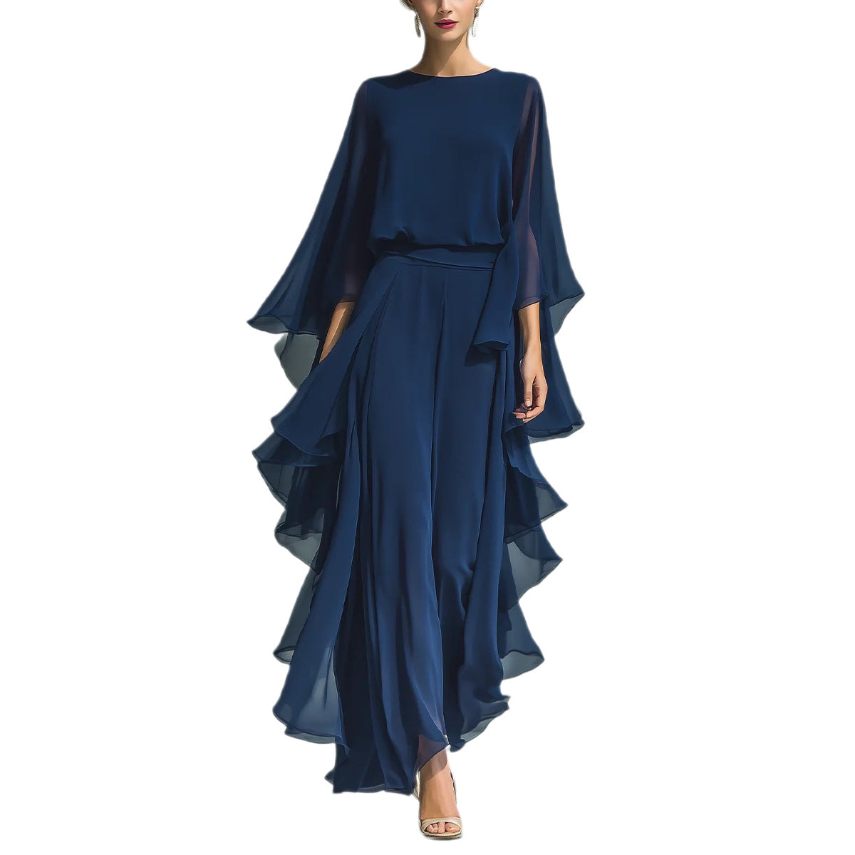 Deep Blue Ruffle Wide-Leg Pants Set for Women, Fashion Elegant Two-Piece Long Sleeve Casual Pants