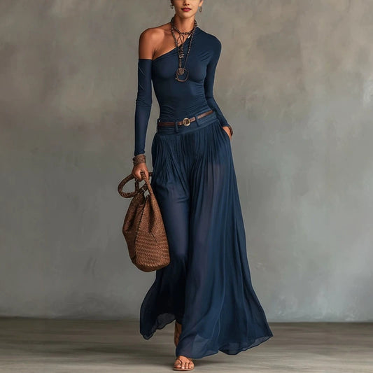 Asymmetrical Shoulder Belted Maxi Dress Set — Navy Blue