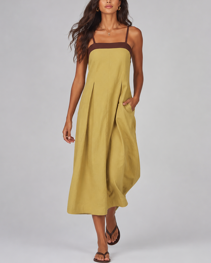 Women's fashion color-blocked loose large pocket spaghetti strap maxi dress