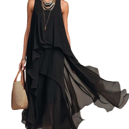 Chic Flowy Black Sleeveless Asymmetrical Chiffon Long Dress