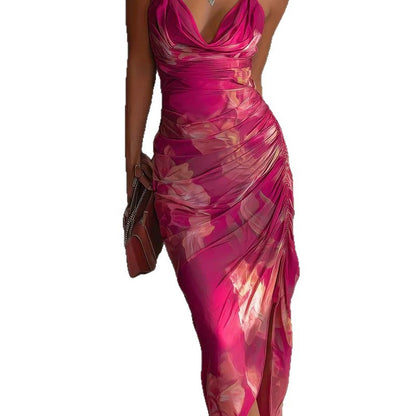Backless Printed Strap Dress, Fitted Slim Fit High Slit Fashion Long Dress