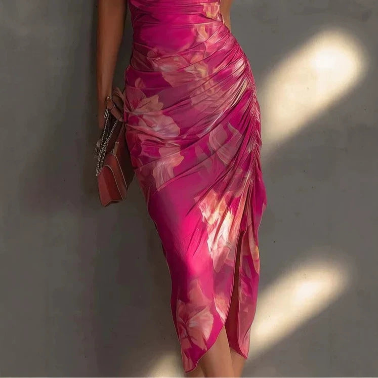 Backless Printed Strap Dress, Fitted Slim Fit High Slit Fashion Long Dress