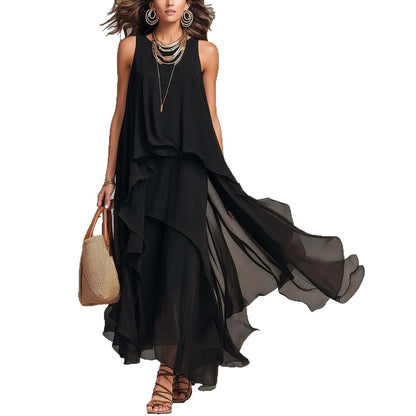 Chic Flowy Black Sleeveless Asymmetrical Chiffon Long Dress