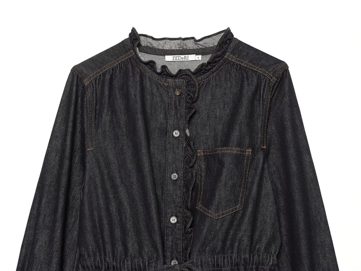 Ruffle-Waist Denim Shirt