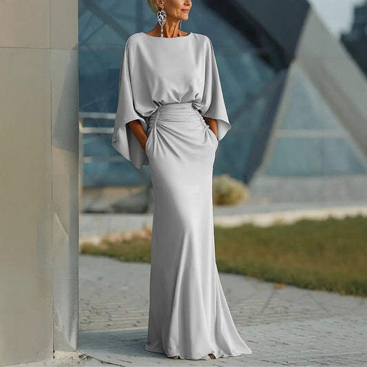 Silver Batwing Sleeve Backless Mermaid Maxi Dress