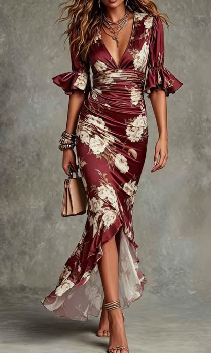 Elegant Long Dress with V-Neck, Fitted Silhouette, Floral Print and Ruffle Hem