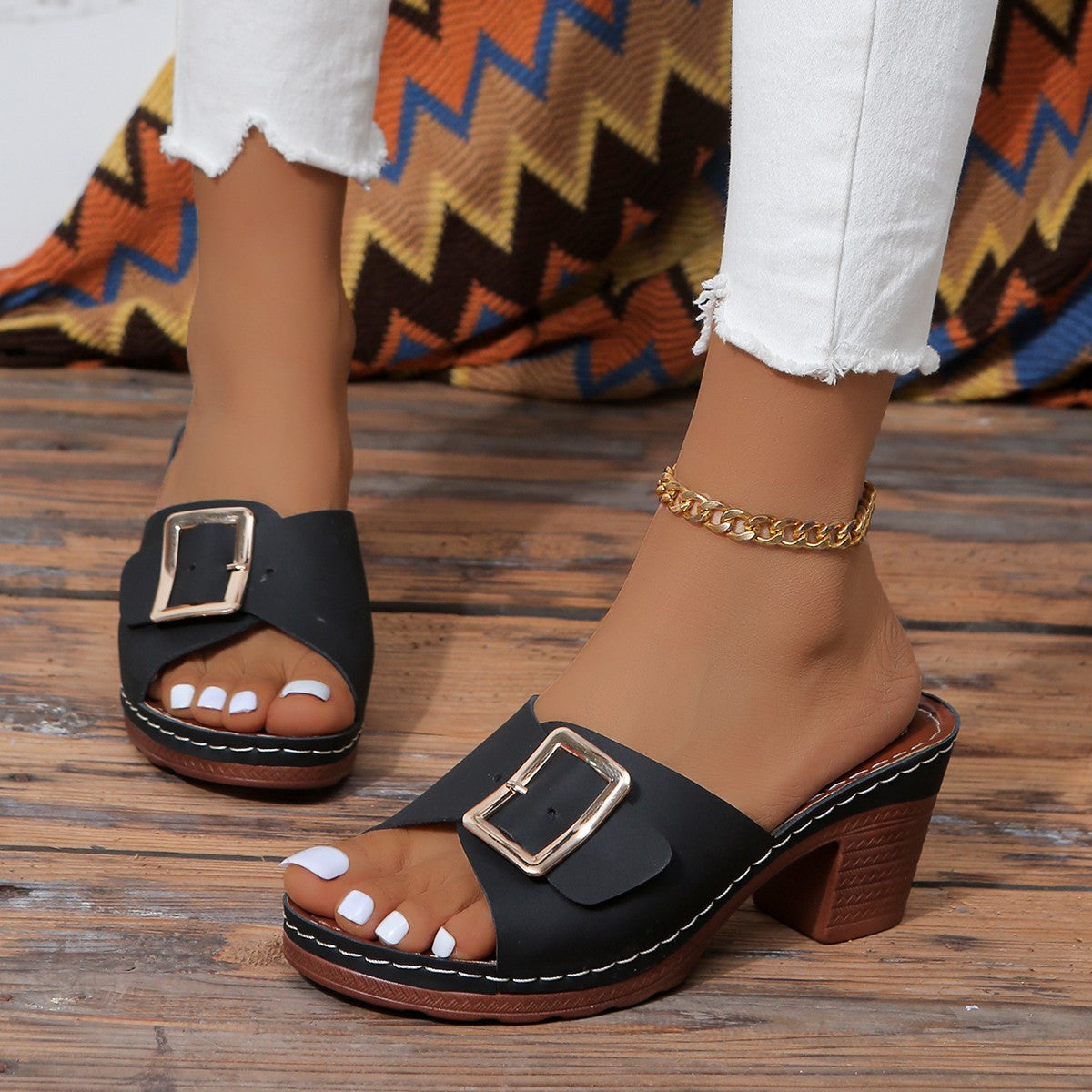 Open Toe Block Heel Buckle Sandals for Women