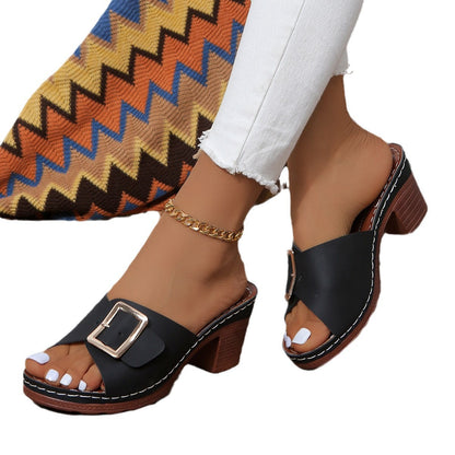 Open Toe Block Heel Buckle Sandals for Women