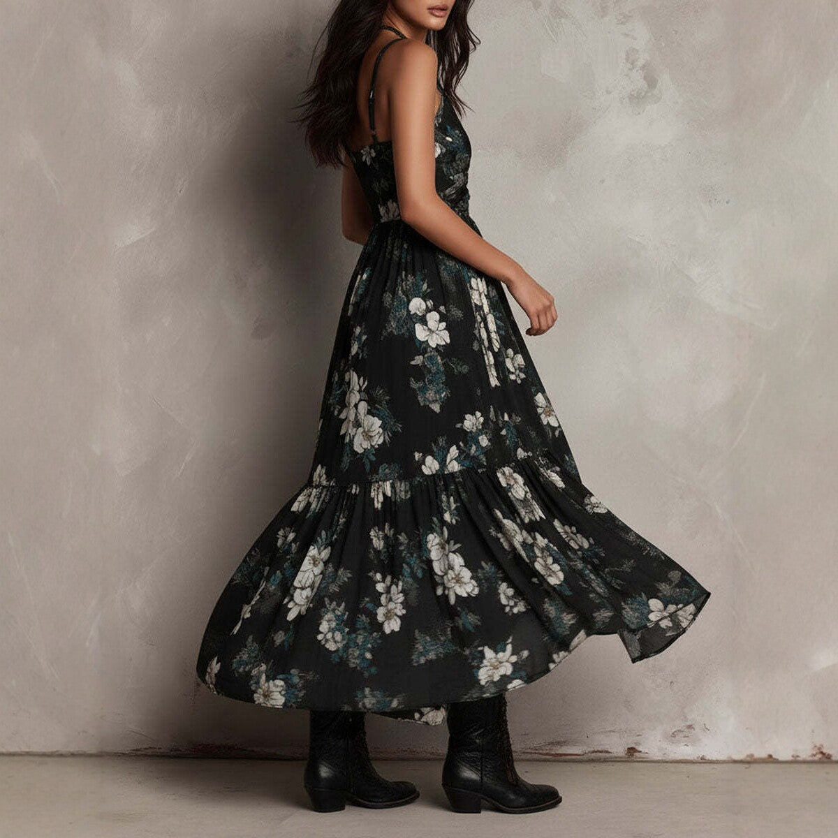 Printed camisole dress for women, V-neck, waist cinched, high slit long dess