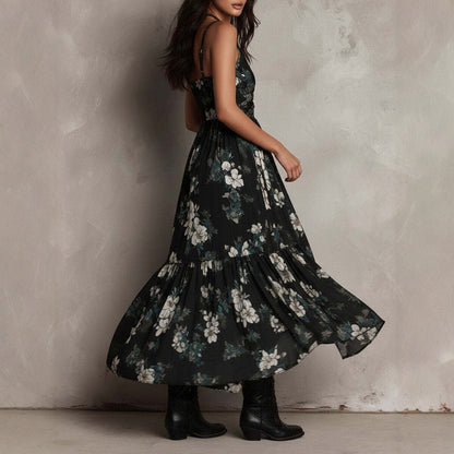 Printed camisole dress for women, V-neck, waist cinched, high slit long dess
