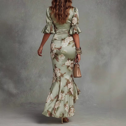 Elegant Long Dress with V-Neck, Fitted Silhouette, Floral Print and Ruffle Hem