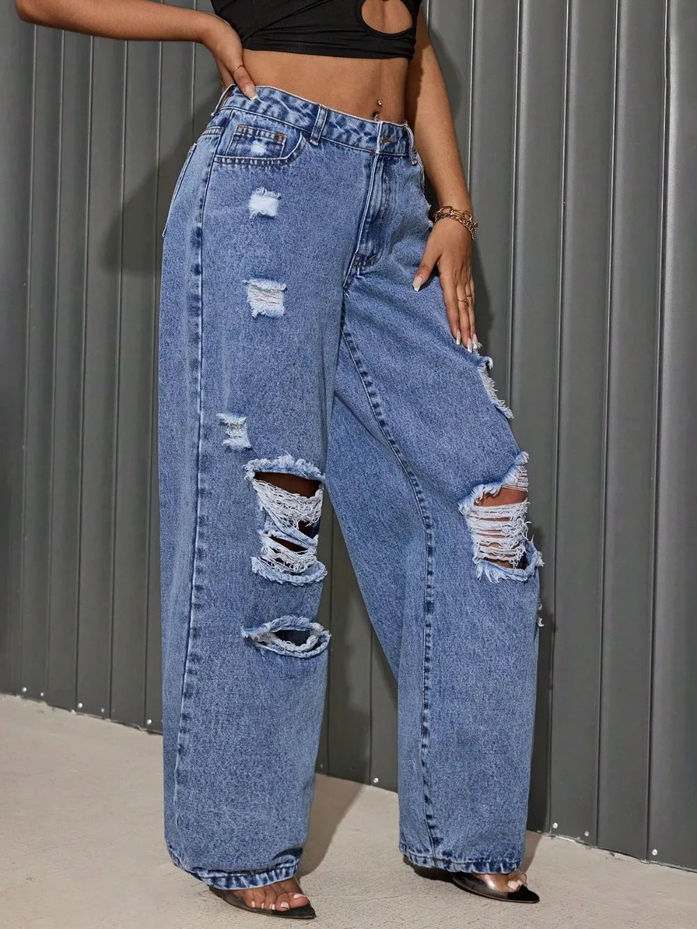 Distressed Wide-Leg Jeans