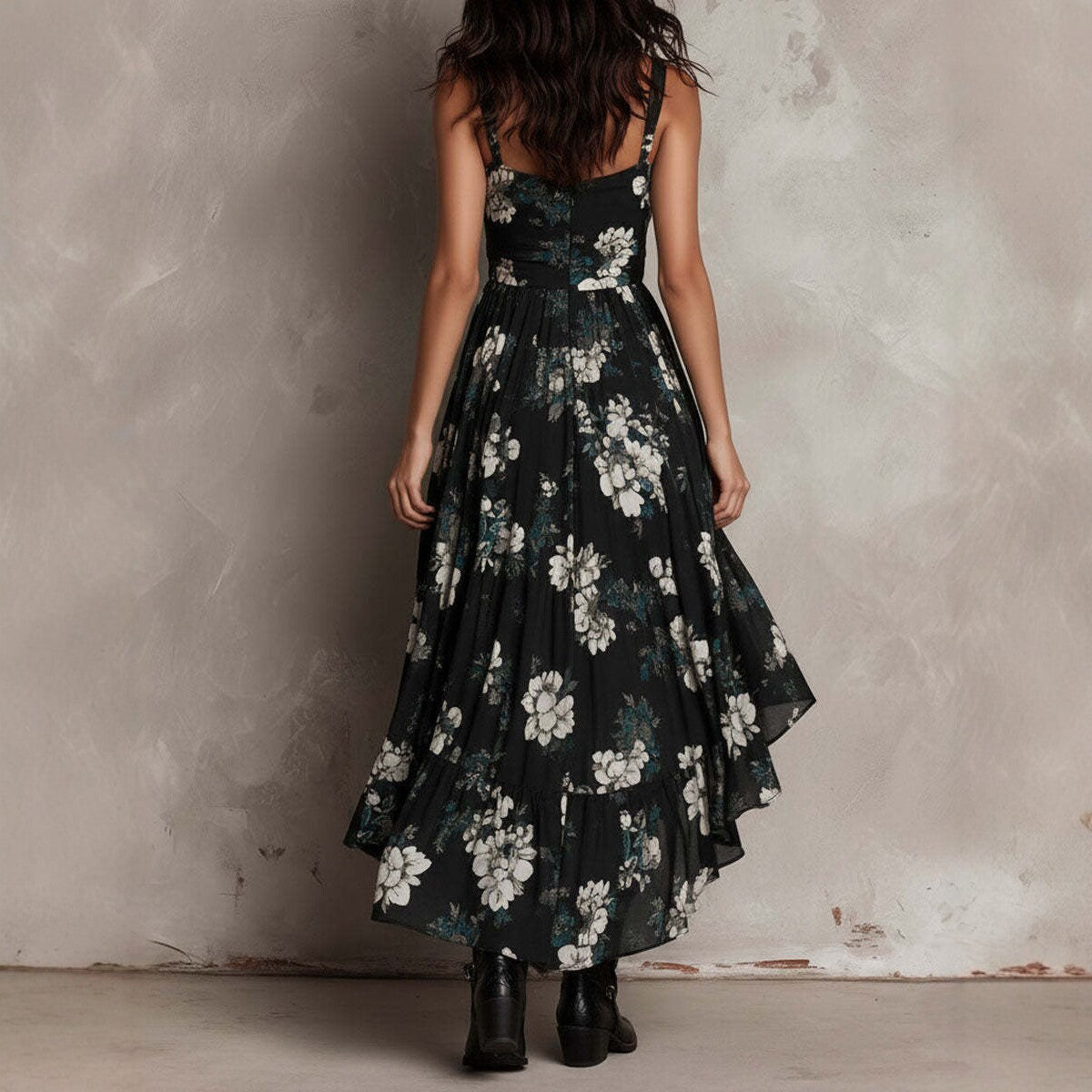 Printed camisole dress for women, V-neck, waist cinched, high slit long dess