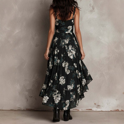 Printed camisole dress for women, V-neck, waist cinched, high slit long dess