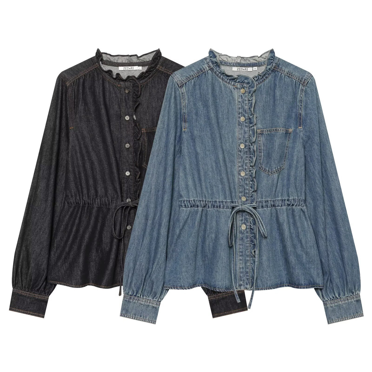 Ruffle-Waist Denim Shirt