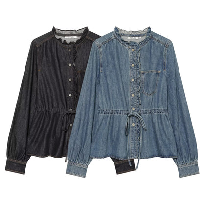 Ruffle-Waist Denim Shirt