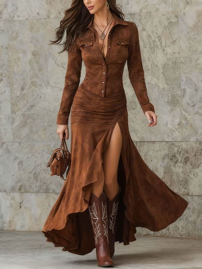Elegant Zipper Stand Collar Slit Long Dress with Slim Fit