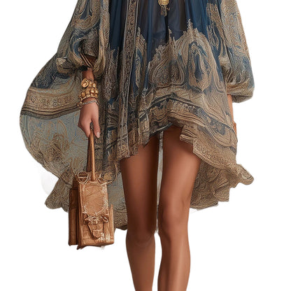 Printed Long Sleeve High Neck Loose Dress