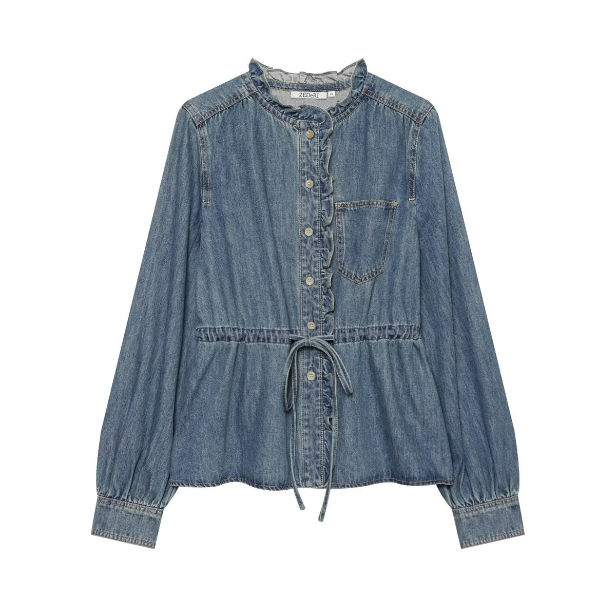 Ruffle-Waist Denim Shirt