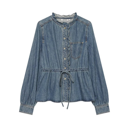 Ruffle-Waist Denim Shirt