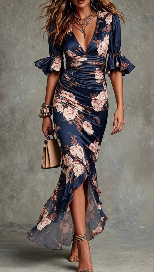 Elegant Long Dress with V-Neck, Fitted Silhouette, Floral Print and Ruffle Hem