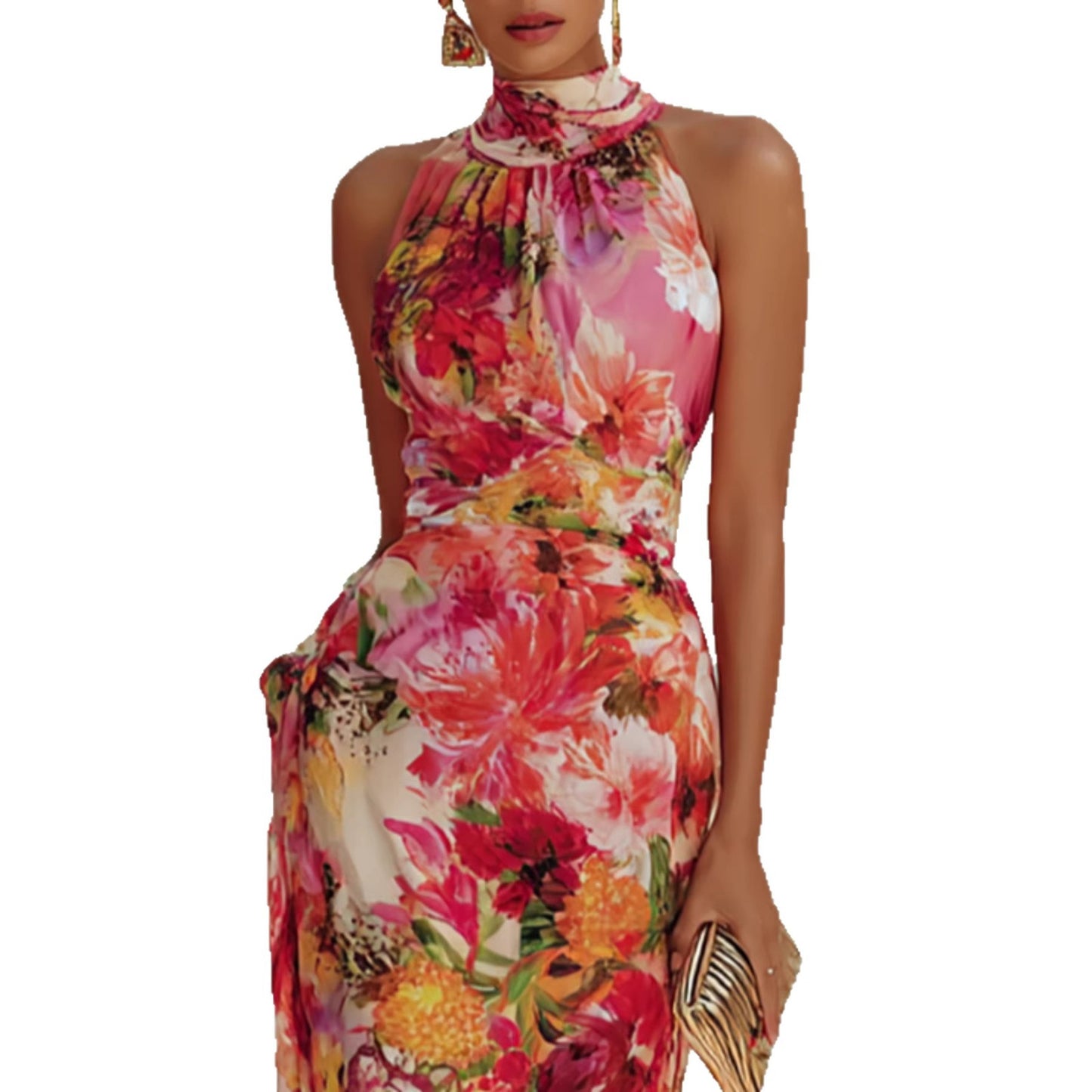 Elegant Floral Strapless Sleeveless Fitted Chiffon Dress