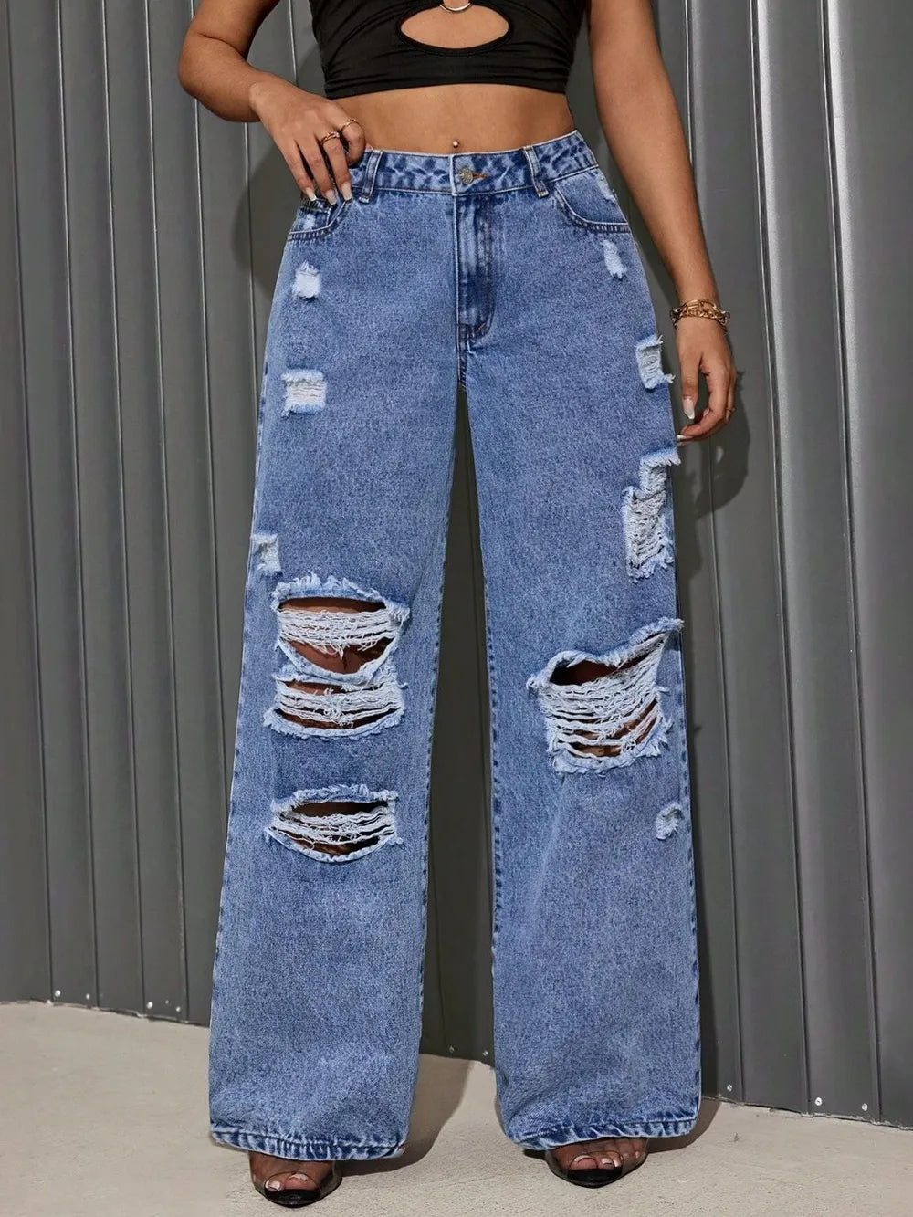 Distressed Wide-Leg Jeans