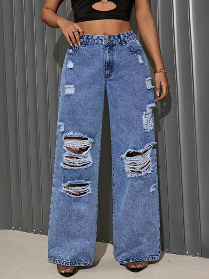 Distressed Wide-Leg Jeans