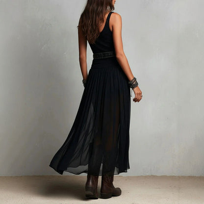 Summer New Black Strap Long Dress for Women, Mesh Dress with Belt