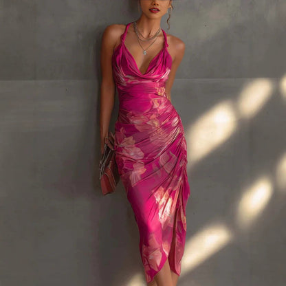 Backless Printed Strap Dress, Fitted Slim Fit High Slit Fashion Long Dress