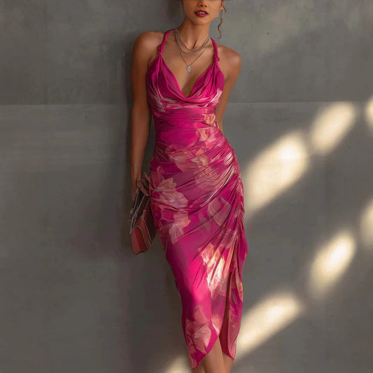 Backless Printed Strap Dress, Fitted Slim Fit High Slit Fashion Maxi Dress