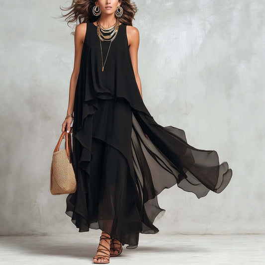 Chic Flowy Black Sleeveless Asymmetrical Chiffon Maxi Dress