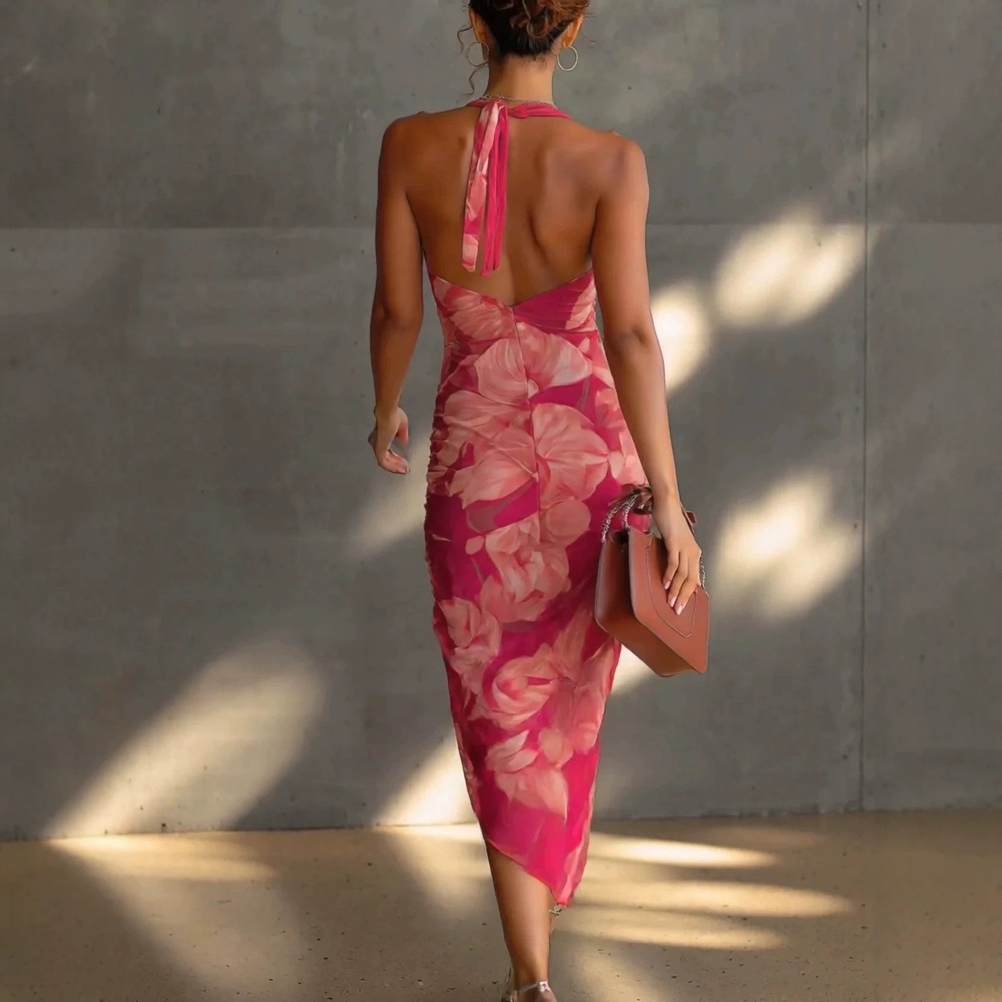 Backless Printed Strap Dress, Fitted Slim Fit High Slit Fashion Long Dress