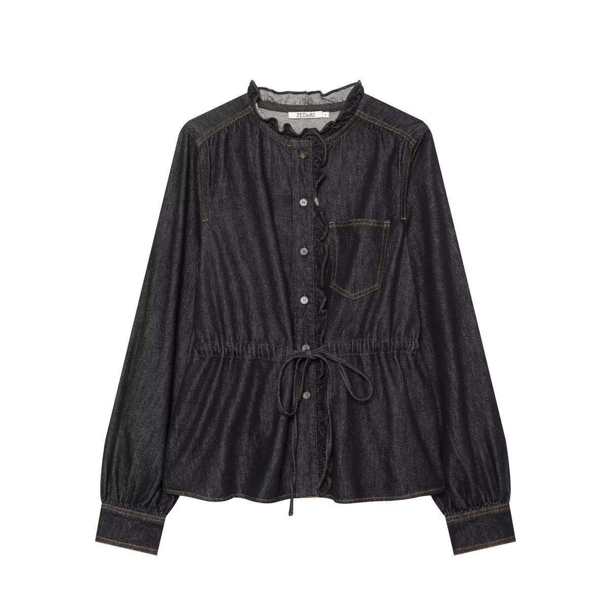 Ruffle-Waist Denim Shirt