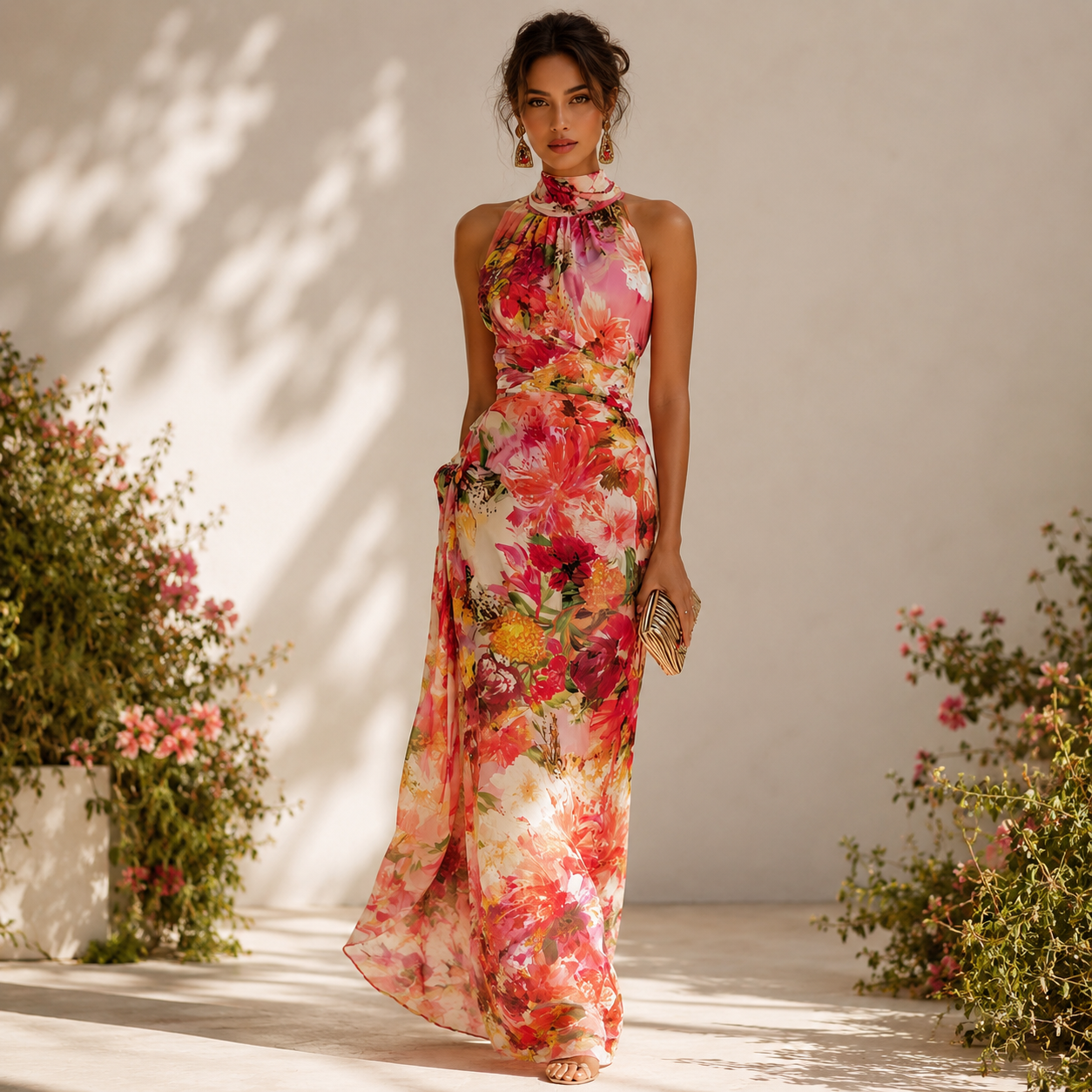 Elegant Floral Strapless Sleeveless Fitted Chiffon Dress