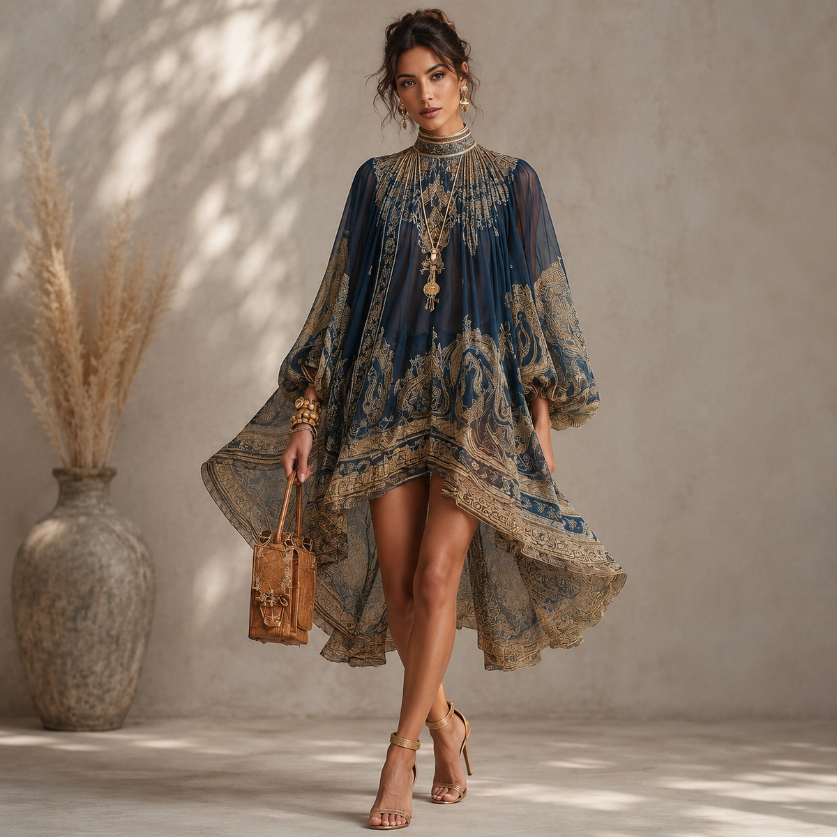 Printed Long Sleeve High Neck Loose Dress