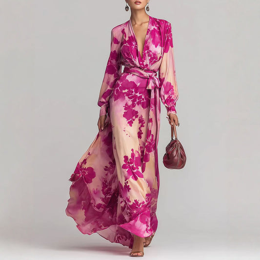 Floral Chiffon Lantern Sleeve Maxi Dress — Deep V-Neck Tie-Up in Pink