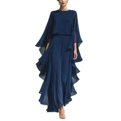 Deep Blue Ruffle Wide-Leg Pants Set for Women, Fashion Elegant Two-Piece Long Sleeve Casual Pants