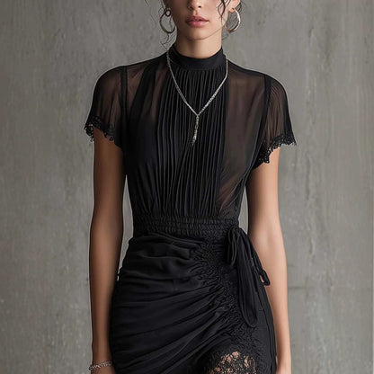 New European black see through lace patchwork dress, slim and tall, slit skirt with lace