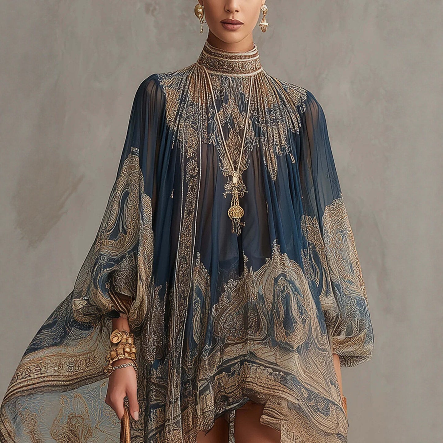 Printed Long Sleeve High Neck Loose Dress