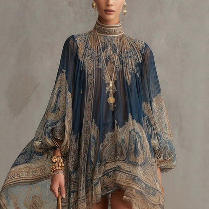 Printed Long Sleeve High Neck Loose Dress