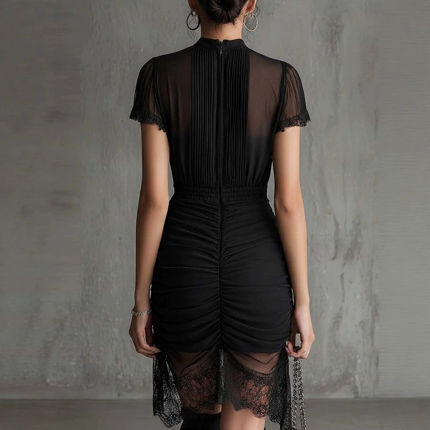 New European black see through lace patchwork dress, slim and tall, slit skirt with lace