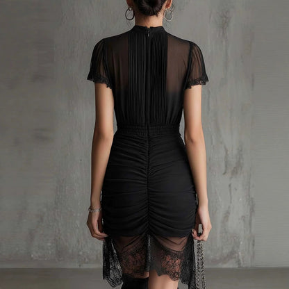 New European black see through lace patchwork dress, slim and tall, slit skirt with lace