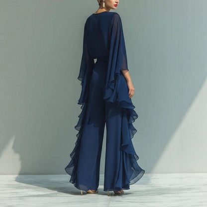 Deep Blue Ruffle Wide-Leg Pants Set for Women, Fashion Elegant Two-Piece Long Sleeve Casual Pants